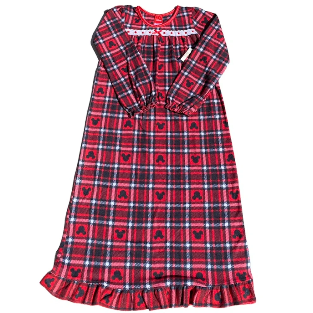 Disney Nightgown Lace Trim Bow Nightshirt Mickey Mouse Buffalo Plaid Tartan Red